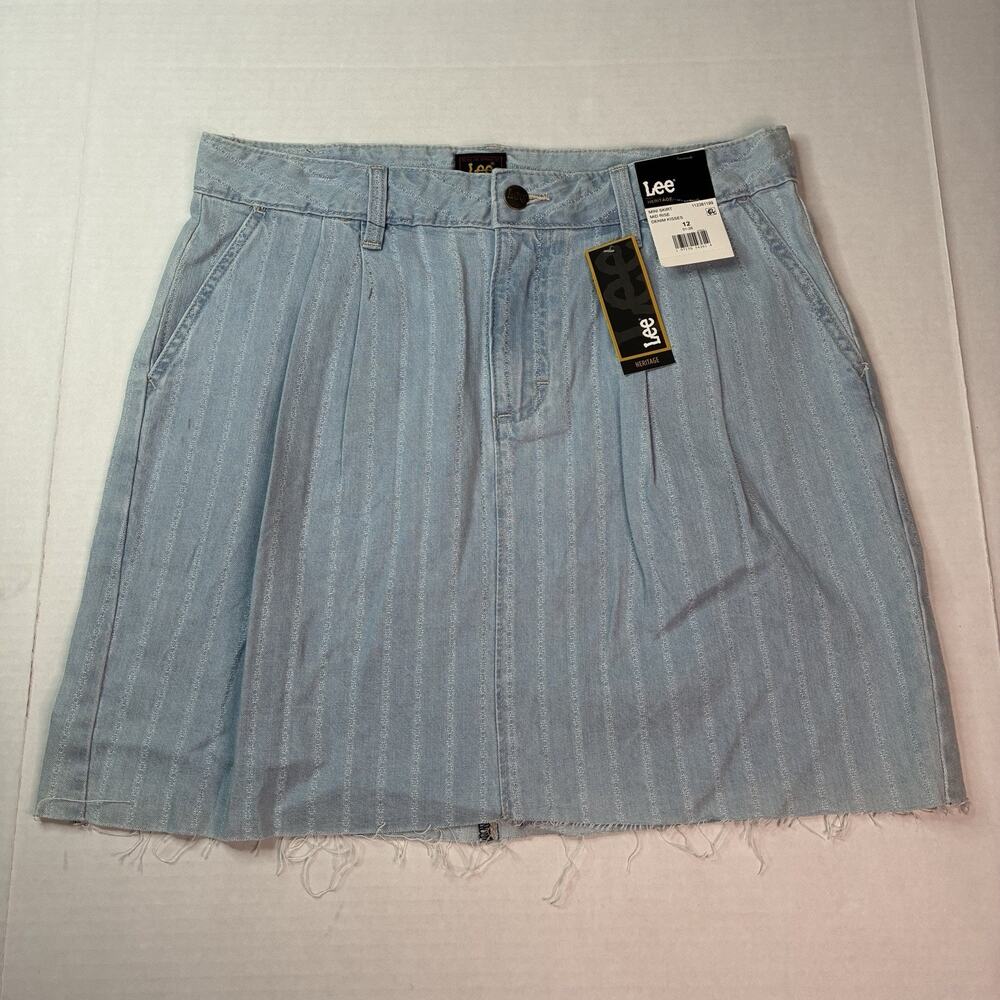 NWT Lee Heritage Pleated Denim Mini Skirt Mid Rise Raw Hem Striped Women Size 12